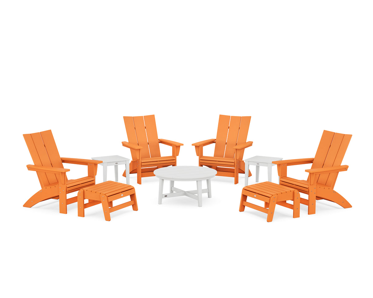 POLYWOOD Modern Grand Adirondack 9-Piece Conversation Set in Tangerine / White