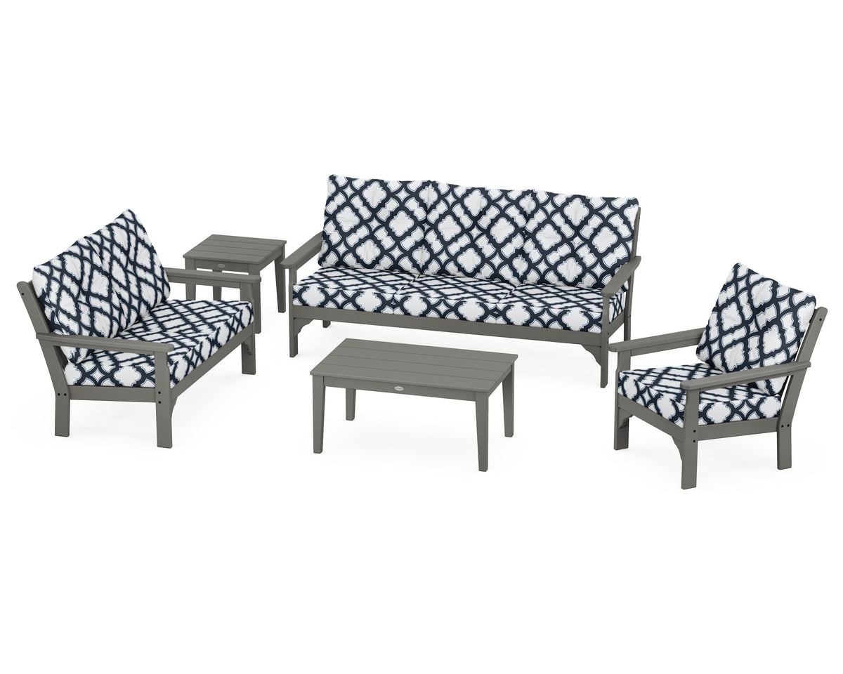 POLYWOOD Vineyard 5-Piece Deep Seating Set with Sofa in Slate Grey / Trellis Marine Indigo