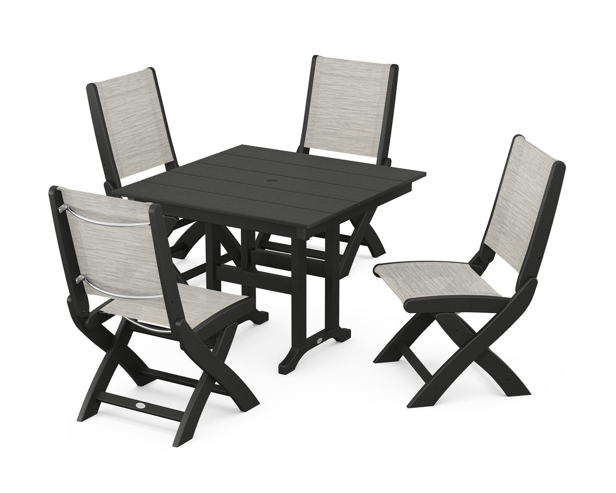 POLYWOOD Coastal Folding Side Chair 5-Piece Farmhouse Dining Set in Black / Birch