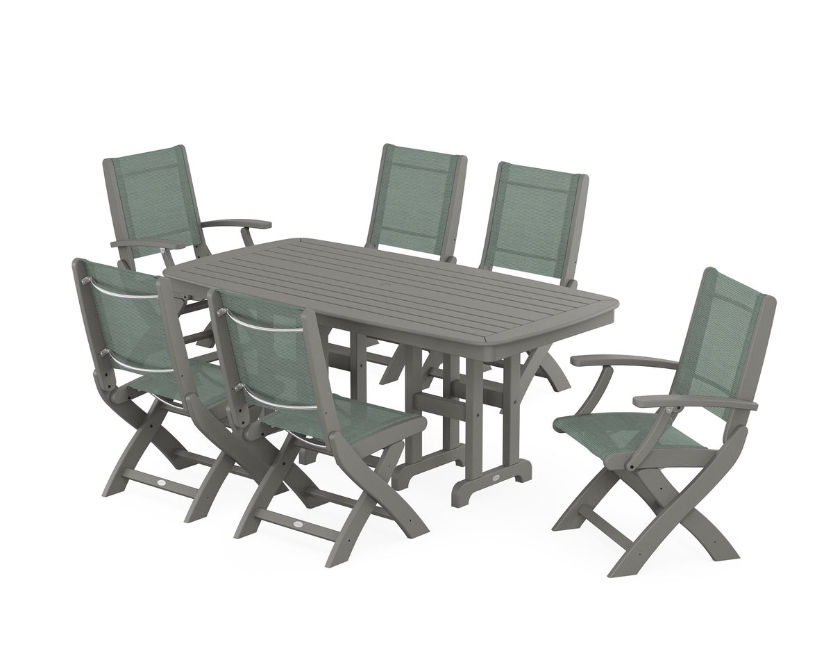 POLYWOOD Coastal Folding Chair 7-Piece Dining Set in Slate Grey / Dupioni Sea Mist