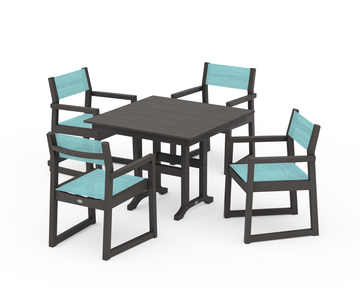 POLYWOOD EDGE Sling Arm Chair 5-Piece Farmhouse Dining Set in Vintage Coffee / Dupioni Aquamarine