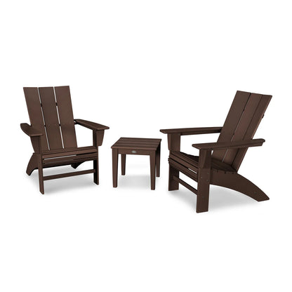 Two brown Adirondack chairs with a matching side table on a white background