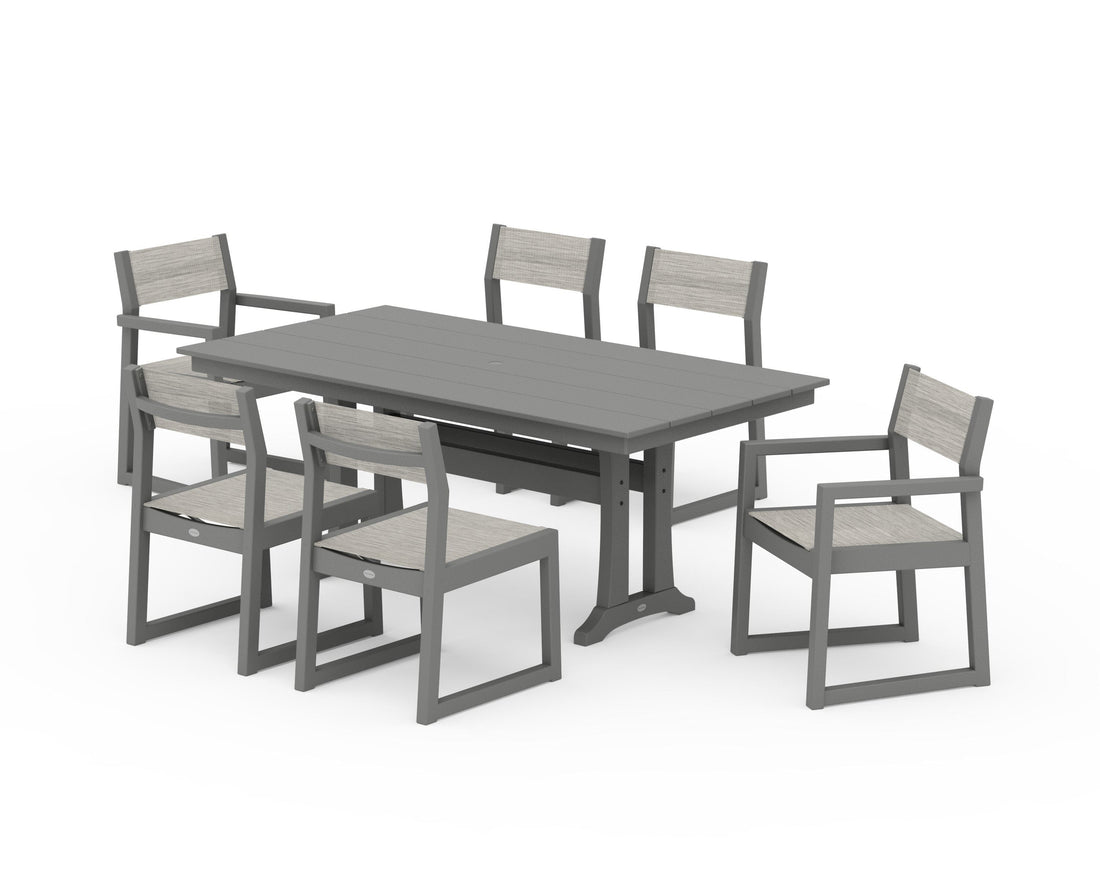 POLYWOOD EDGE Sling 7-Piece Farmhouse Trestle Dining Set in Slate Grey / Birch