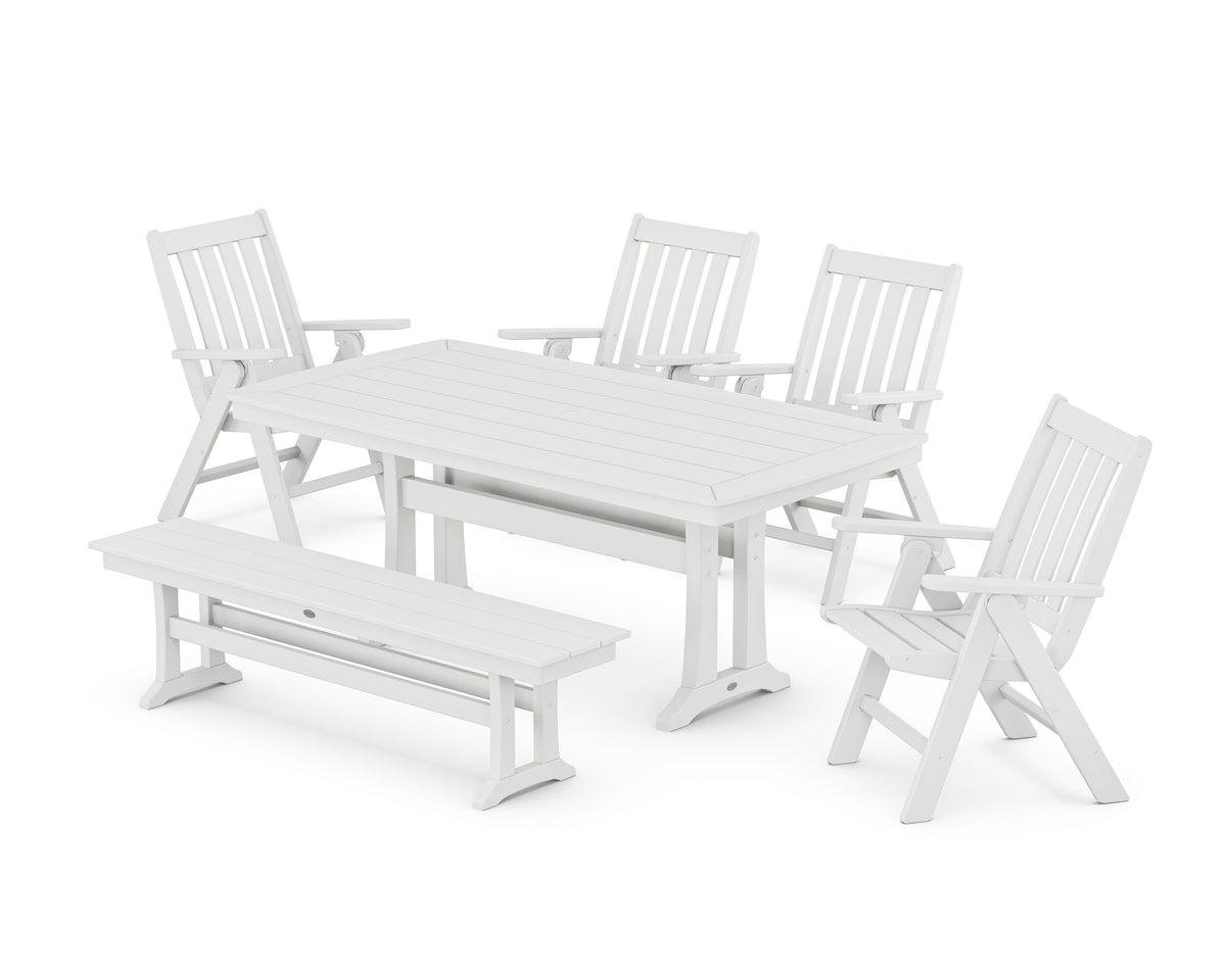 POLYWOOD Vineyard Folding Chair 6-Piece Dining Set with Trestle Legs and Bench in White