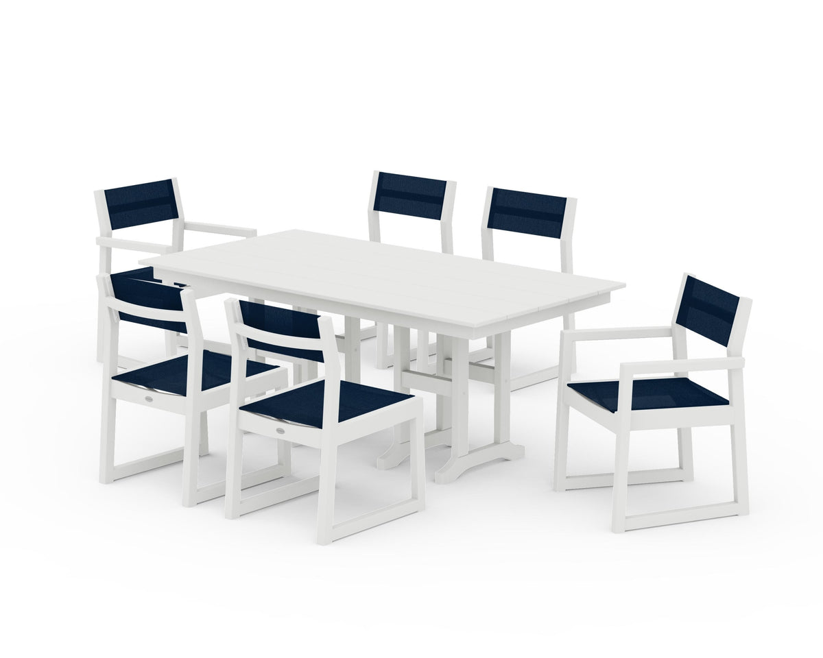POLYWOOD EDGE Sling 7-Piece Farmhouse Dining Set in Vintage White / Navy Blue