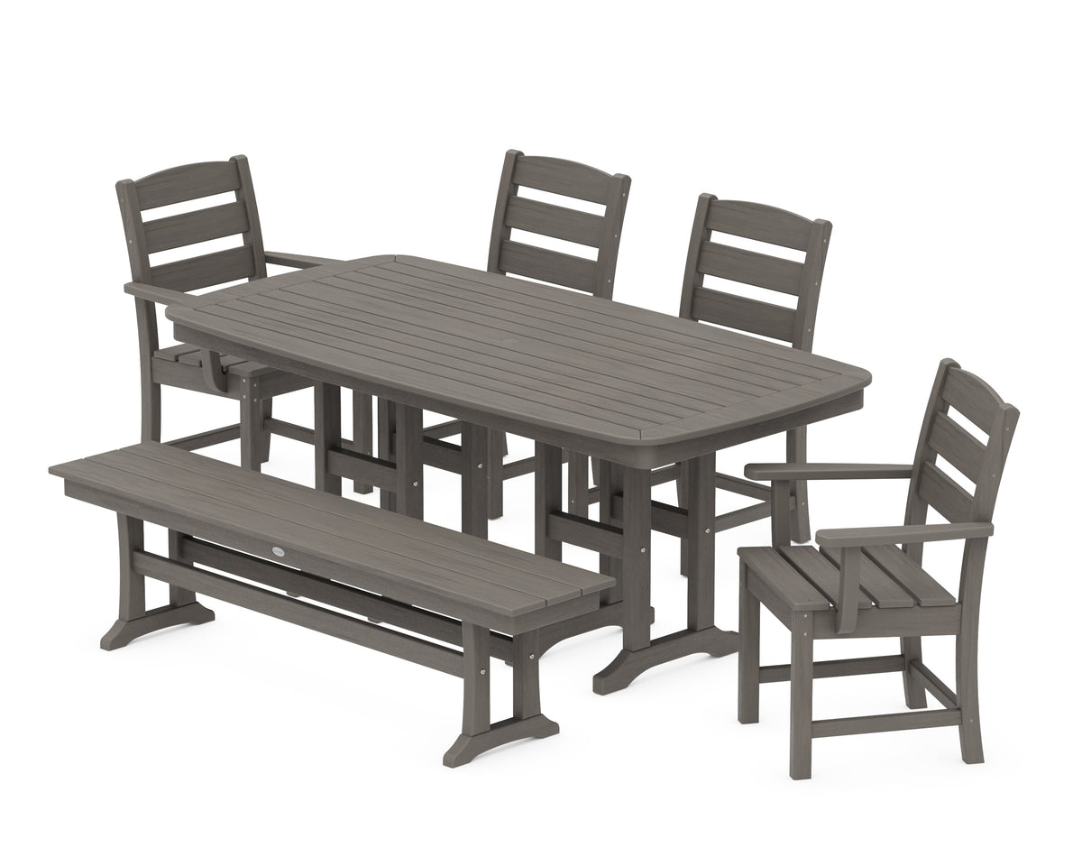 POLYWOOD Lakeside 6-Piece Dining Set with Bench - 37" x 72" Table in Driftwood