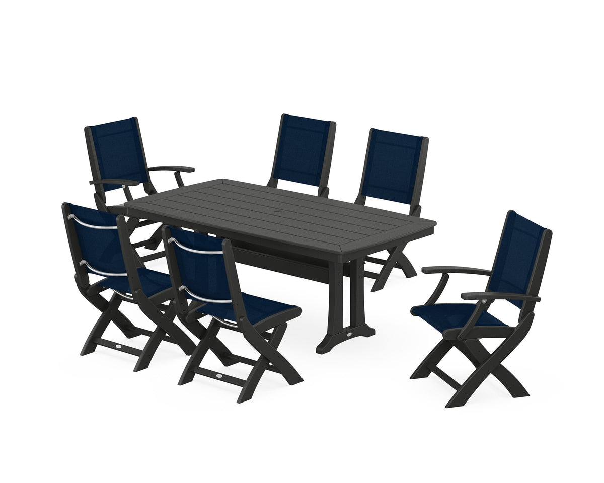 POLYWOOD Coastal Folding Chair 7-Piece Dining Set with Trestle Legs with Nautical Trestle 38" x 73" Dining Table in Black / Navy Blue