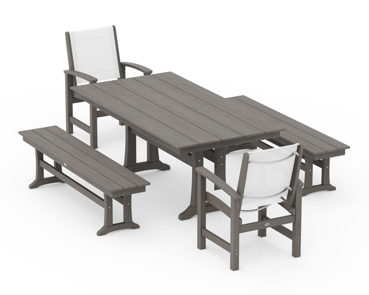 POLYWOOD Coastal 5-Piece Farmhouse Dining Set with Trestle Legs and Benches in Driftwood / White