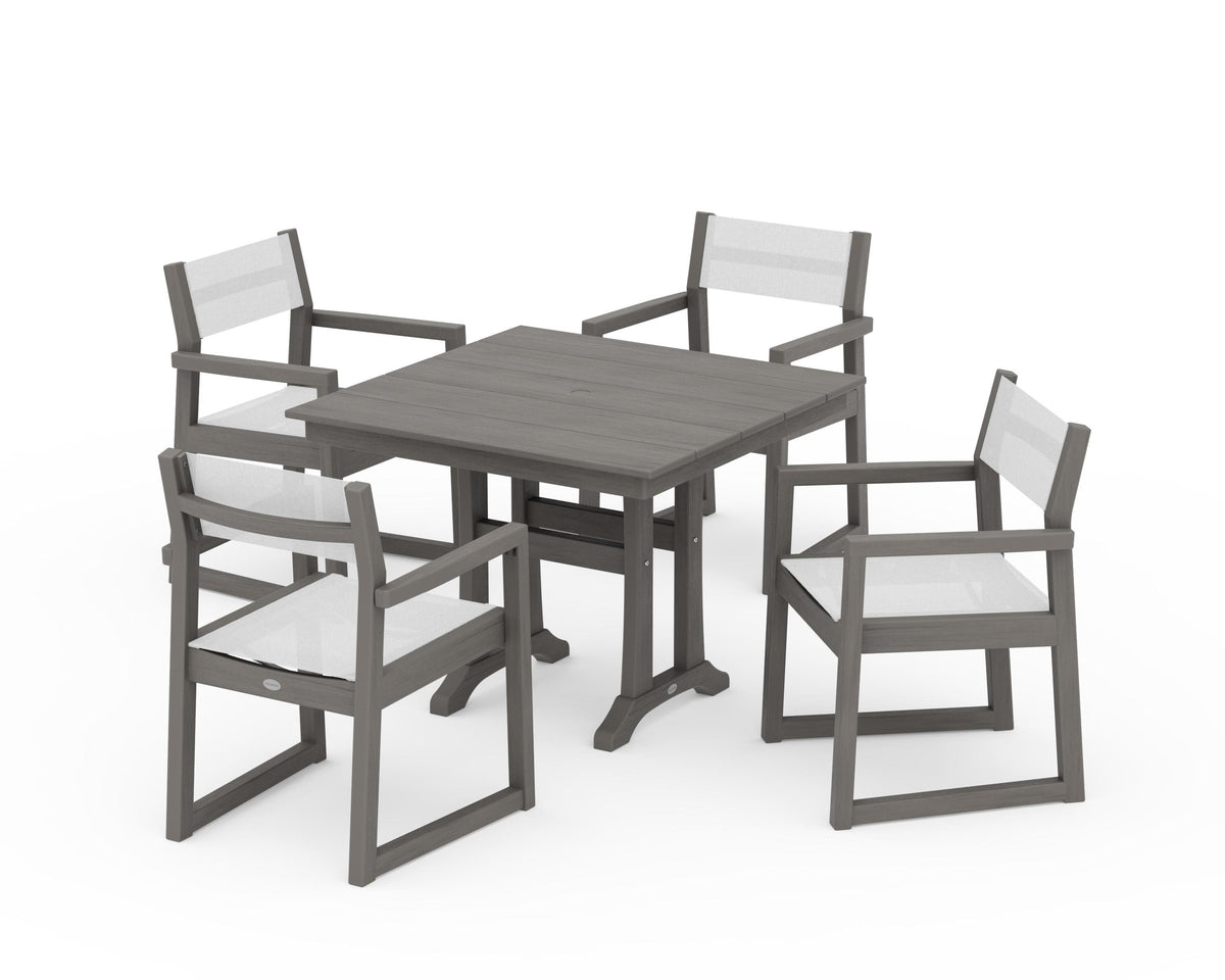 POLYWOOD EDGE Sling 5-Piece Farmhouse Dining Set with Trestle Legs in Driftwood / White