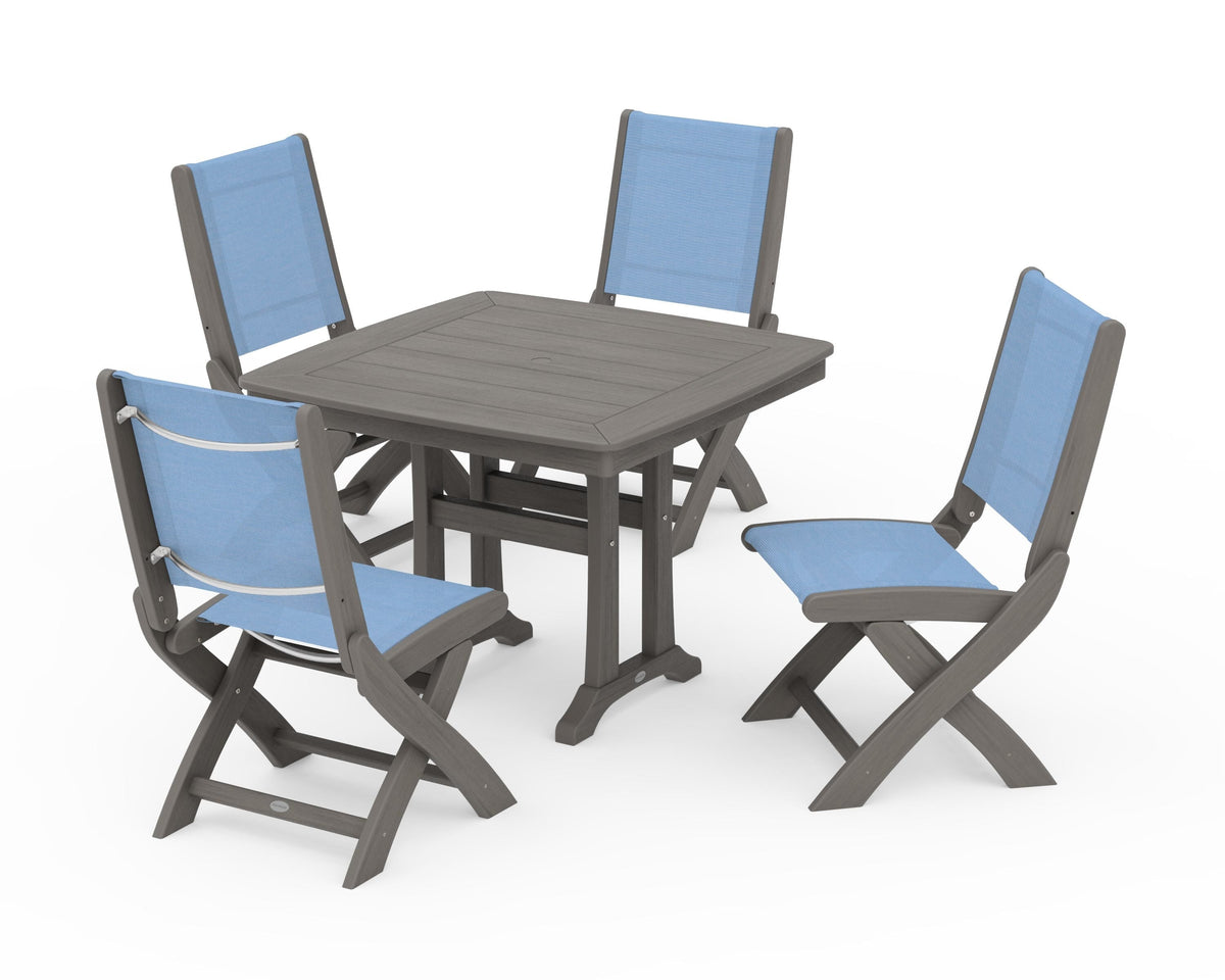POLYWOOD Coastal Folding Side Chair 5-Piece Dining Set with Trestle Legs in Driftwood / Poolside