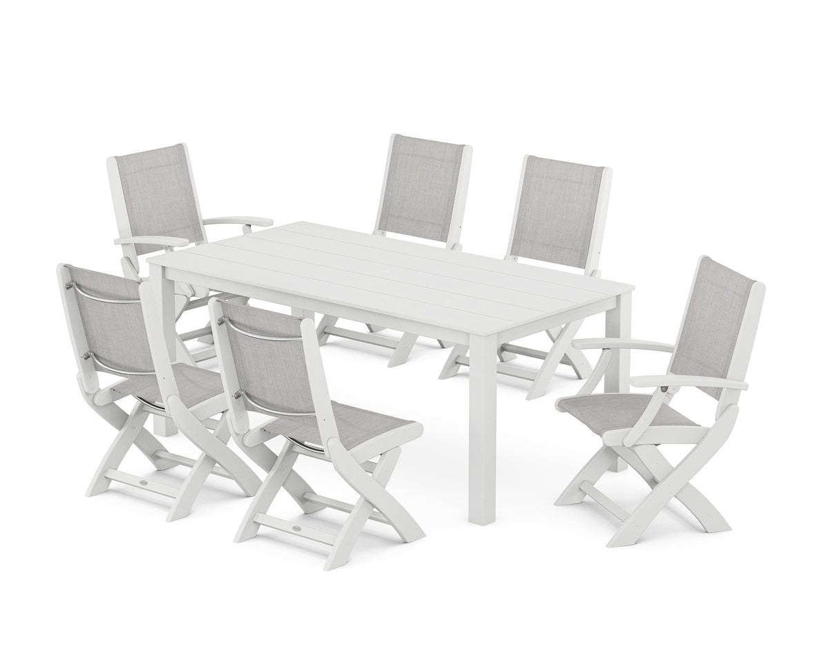 POLYWOOD Coastal Folding Chair 7-Piece Parsons Dining Set with Coastal Folding Side Chair in White / Parchment