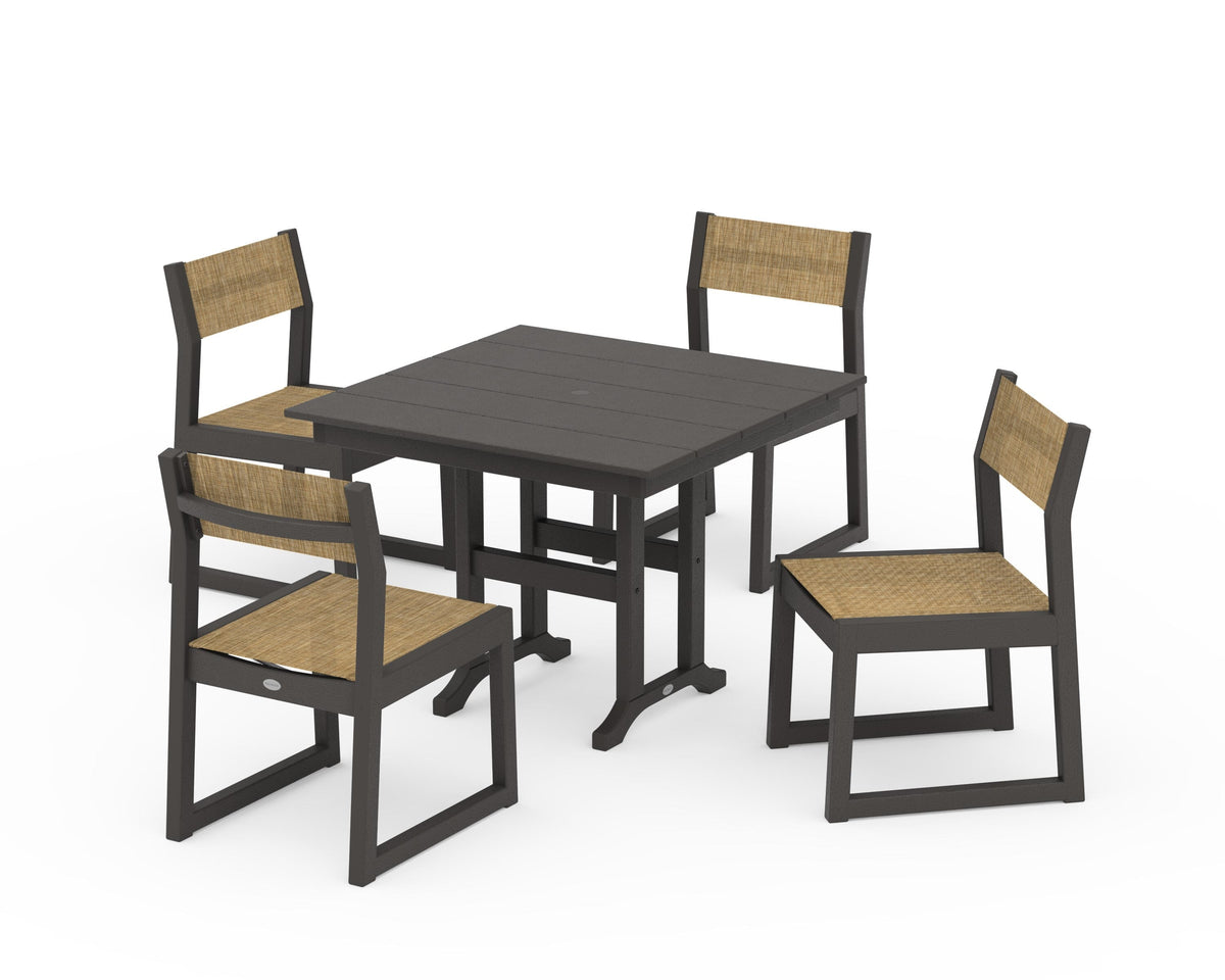 POLYWOOD EDGE Sling Side Chair 5-Piece Farmhouse Dining Set in Vintage Coffee / Burlap