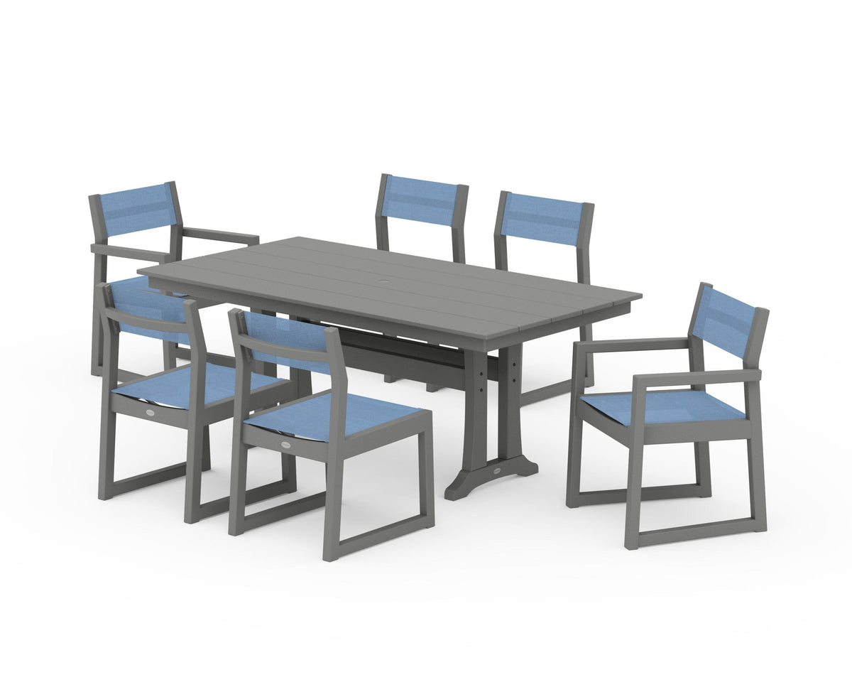 POLYWOOD EDGE Sling 7-Piece Farmhouse Trestle Dining Set in Slate Grey / Poolside
