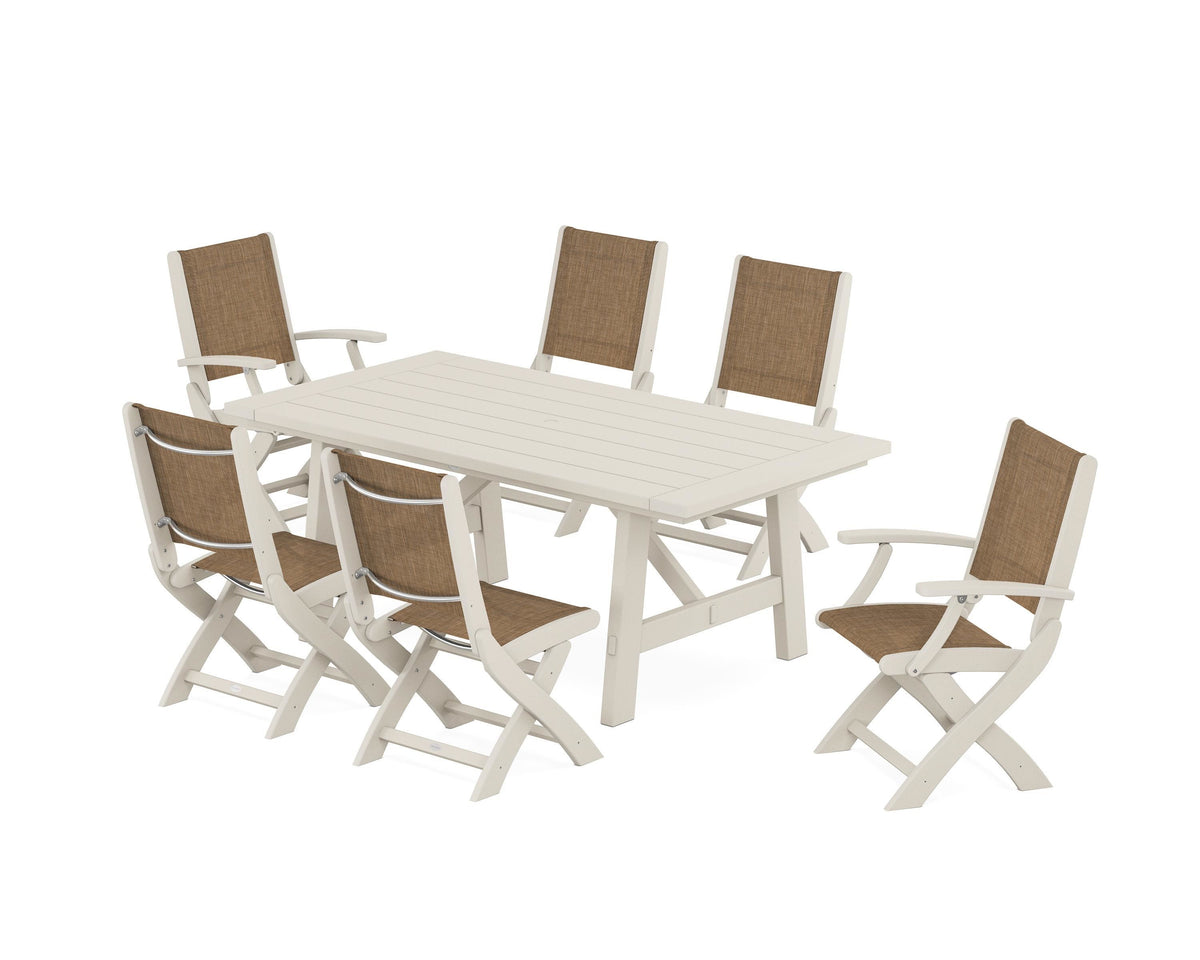 POLYWOOD Coastal Folding Chair 7-Piece Rustic Farmhouse Dining Set in Sand / Burlap
