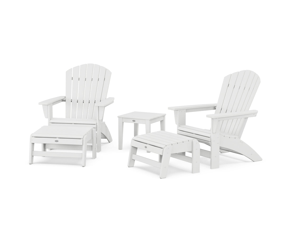 POLYWOOD 5-Piece Nautical Grand Adirondack Set with Ottomans and Side Table in White