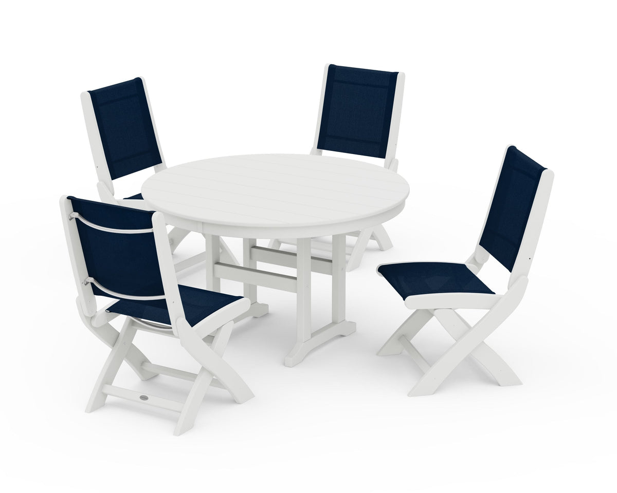 POLYWOOD Coastal Folding Side Chair 5-Piece Round Dining Set in Vintage White / Navy Blue
