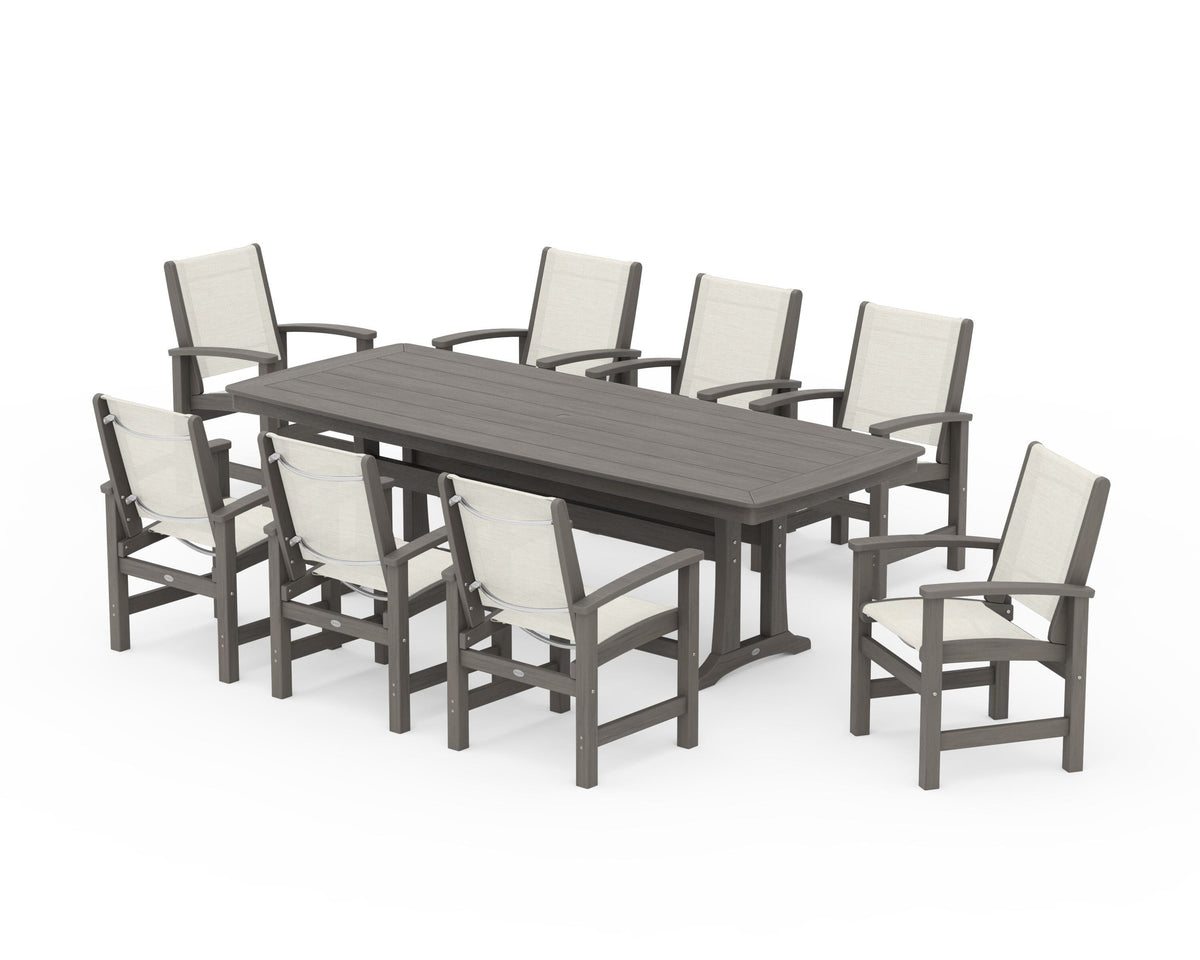 POLYWOOD Coastal 9-Piece Dining Set with Trestle Legs in Driftwood / Parchment