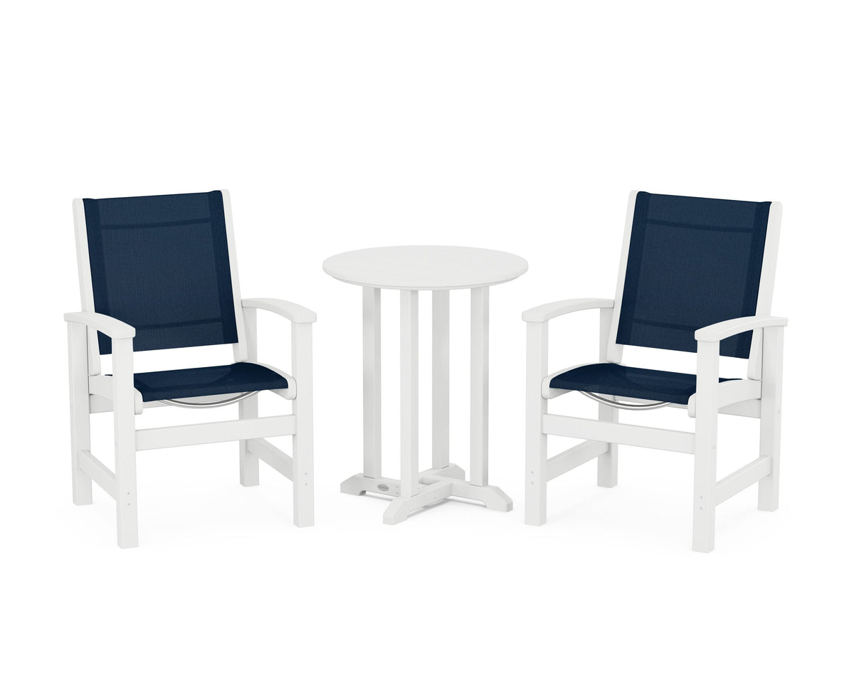 POLYWOOD Coastal 3-Piece Round Bistro Dining Set in White / Navy Blue