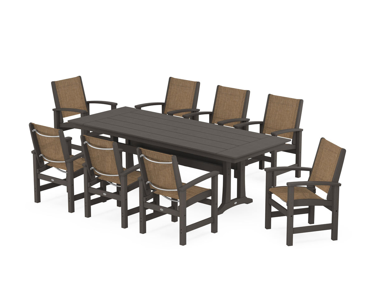 POLYWOOD Coastal 9-Piece Farmhouse Dining Set with Trestle Legs in Vintage Coffee / Burlap