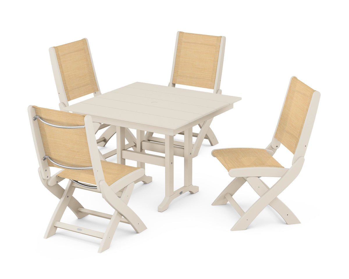 POLYWOOD Coastal Folding Side Chair 5-Piece Farmhouse Dining Set in Sand / Dupioni Apricot