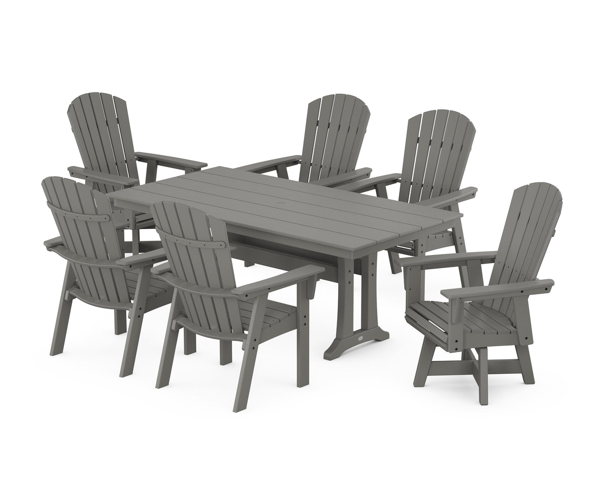 POLYWOOD Nautical Curveback Adirondack Swivel Chair 7-Piece Farmhouse Dining Set with Trestle Legs in Slate Grey