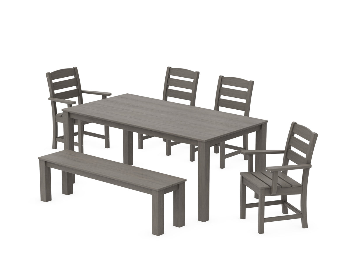 POLYWOOD Lakeside 6-Piece Parsons Dining Set with Bench with Lakeside Dining Side Chair in Driftwood