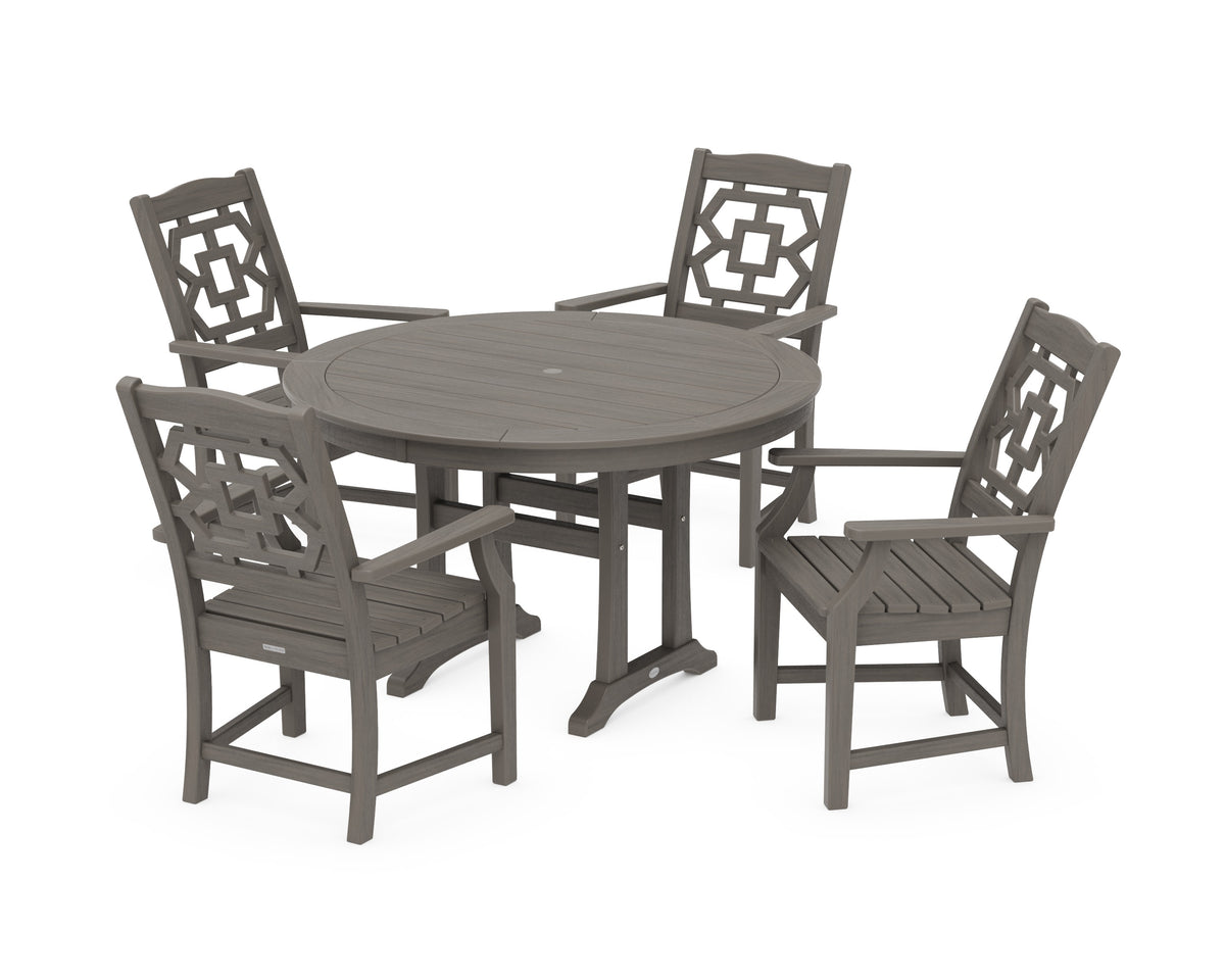 POLYWOOD Chinoiserie 5-Piece Round Dining Set with Trestle Legs in Driftwood