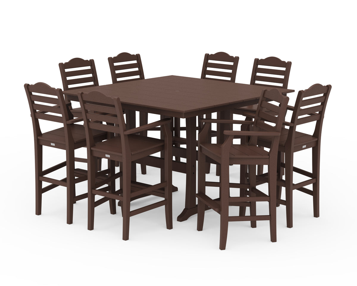 POLYWOOD Savannah 9-Piece Square Farmhouse Bar Set with Trestle Legs in Mahogany