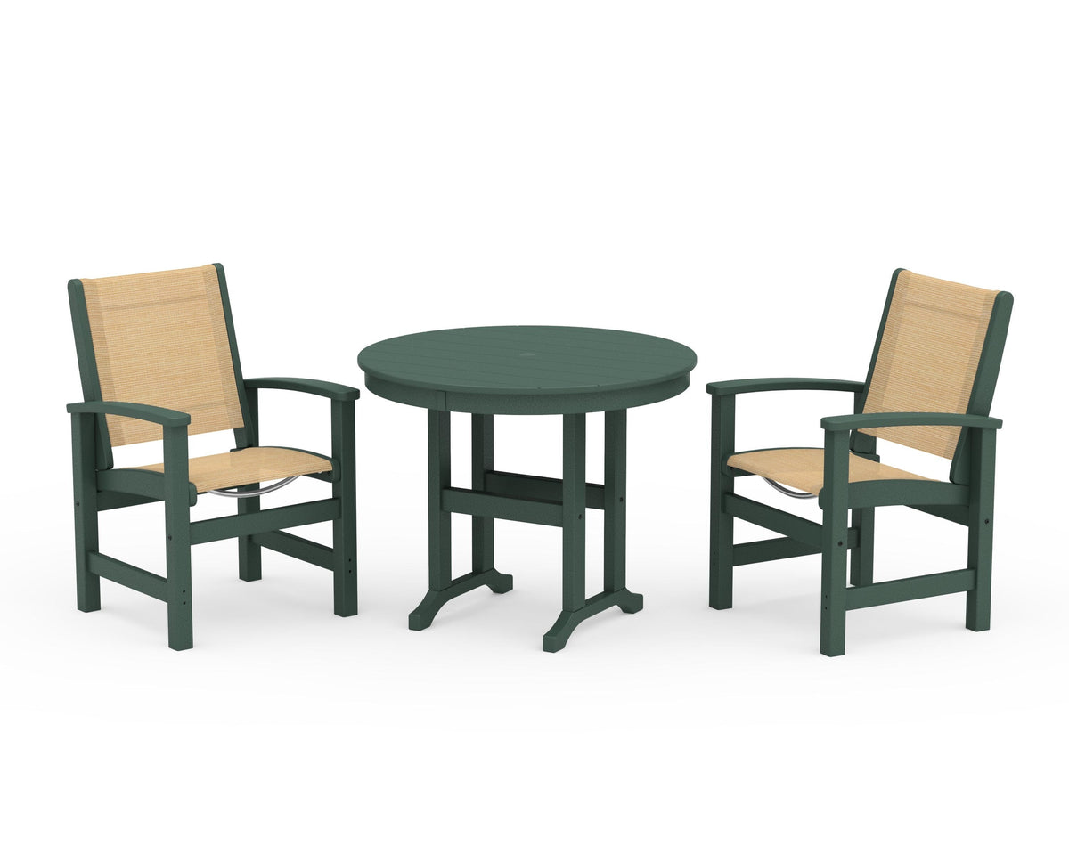 POLYWOOD Coastal 3-Piece Round Dining Set in Green / Dupioni Apricot