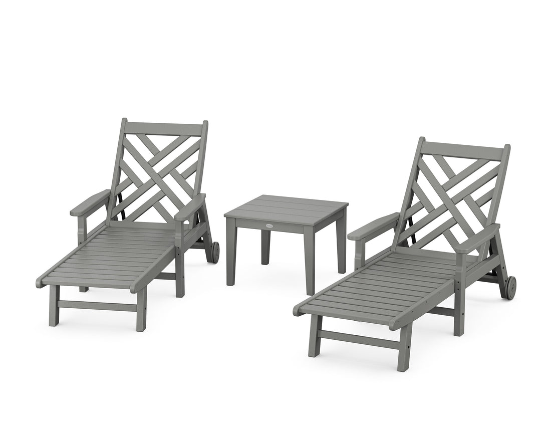 POLYWOOD Chippendale 3-Piece Chaise Set with Arms and Wheels in Slate Grey