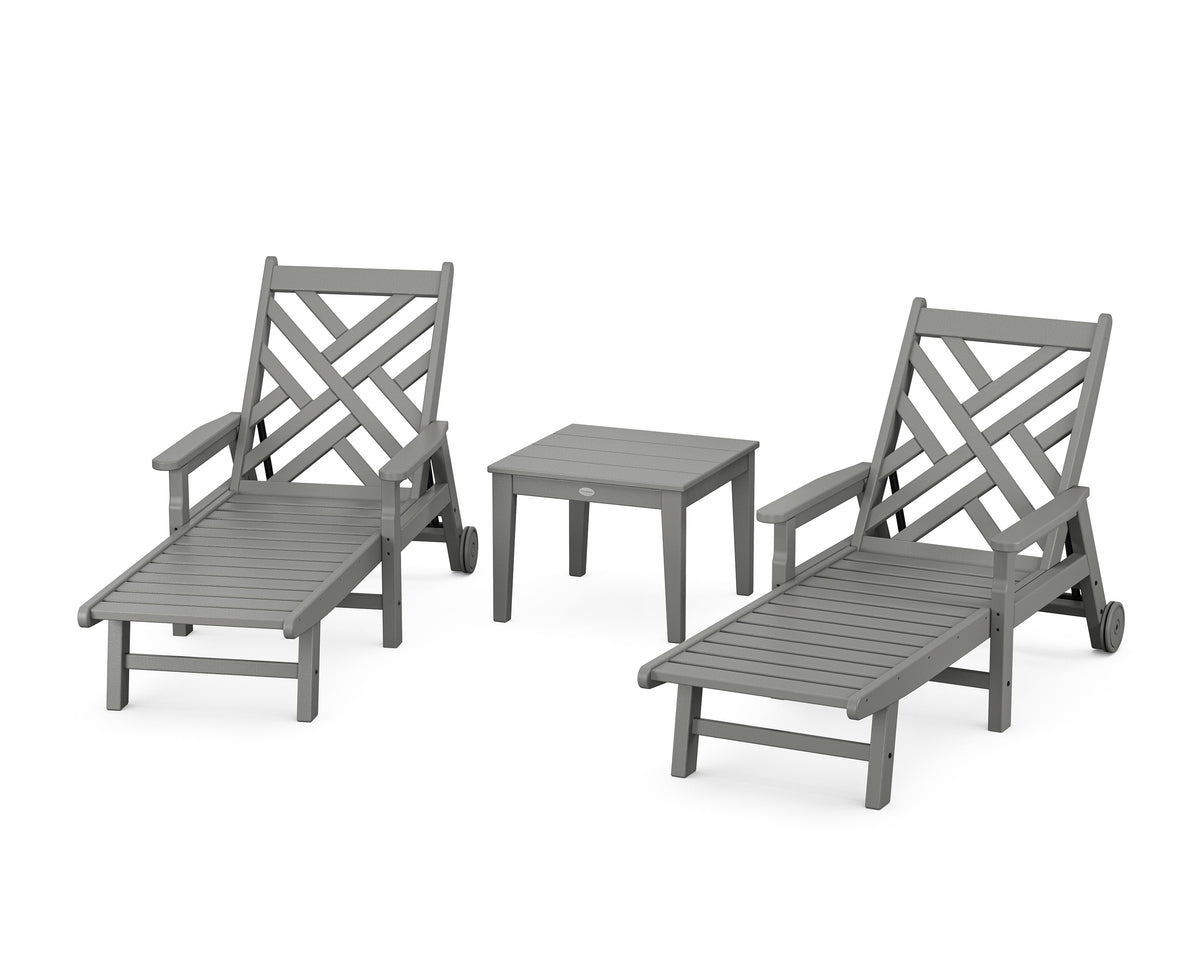 POLYWOOD Chippendale 3-Piece Chaise Set with Arms and Wheels in Slate Grey