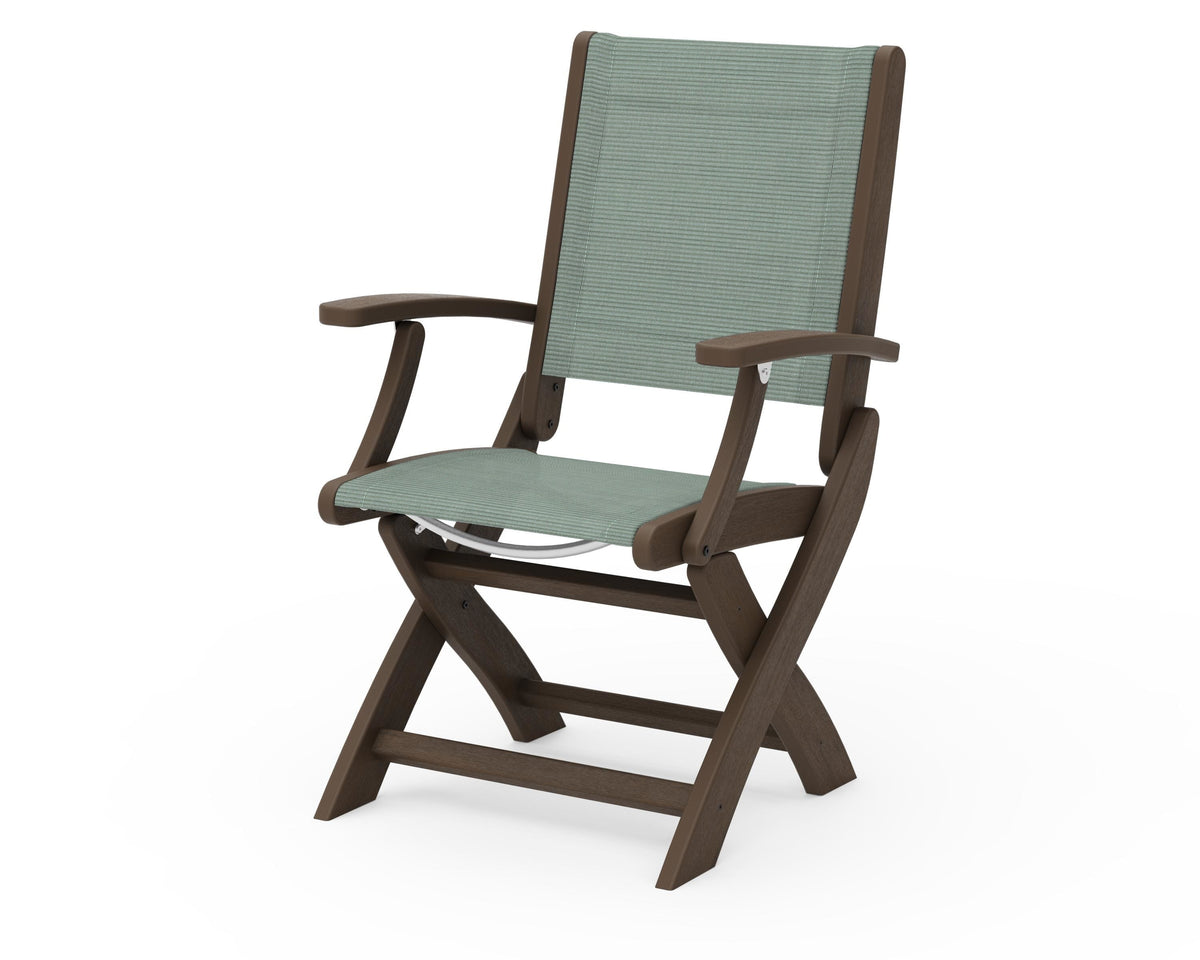 POLYWOOD Coastal Folding Chair in Kona with Kona arms and Dupioni Sea Mist sling