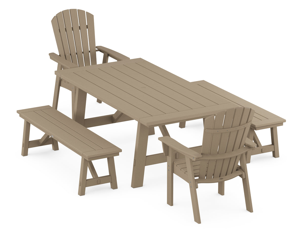 POLYWOOD Nautical Curveback Adirondack 5-Piece Rustic Farmhouse Dining Set with Benches in Vintage Sahara