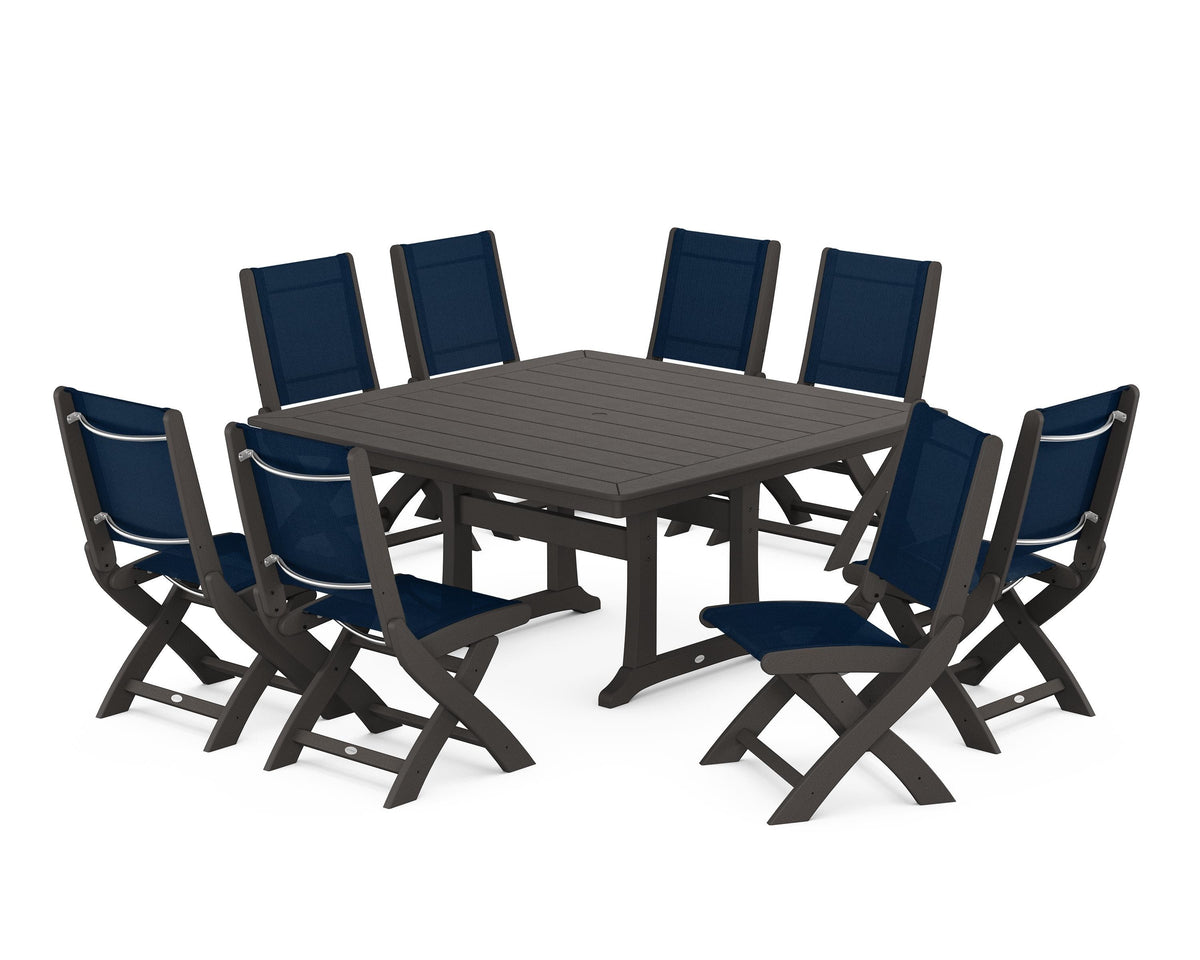 POLYWOOD Coastal Folding Side Chair 9-Piece Dining Set with Trestle Legs in Vintage Coffee / Navy Blue