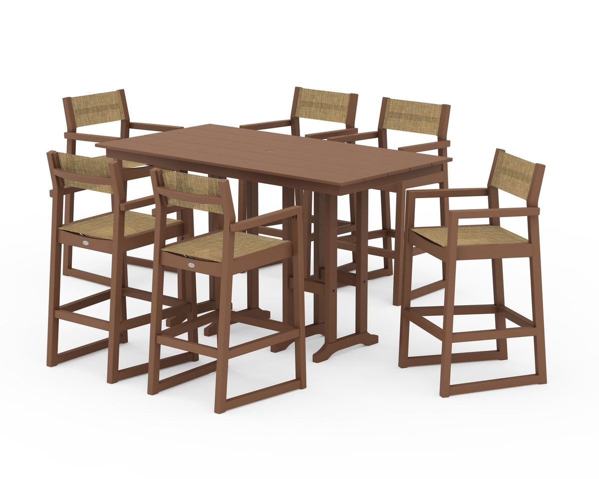 POLYWOOD EDGE Sling Arm Chair 7-Piece Farmhouse Bar Set in Teak / Burlap