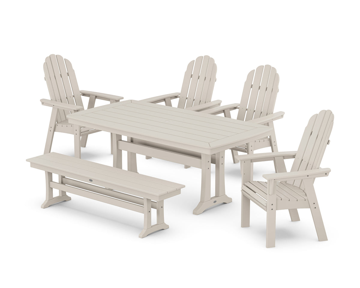 POLYWOOD Vineyard Curveback Adirondack Chair 6-Piece Dining Set with Trestle Legs and Bench in Sand