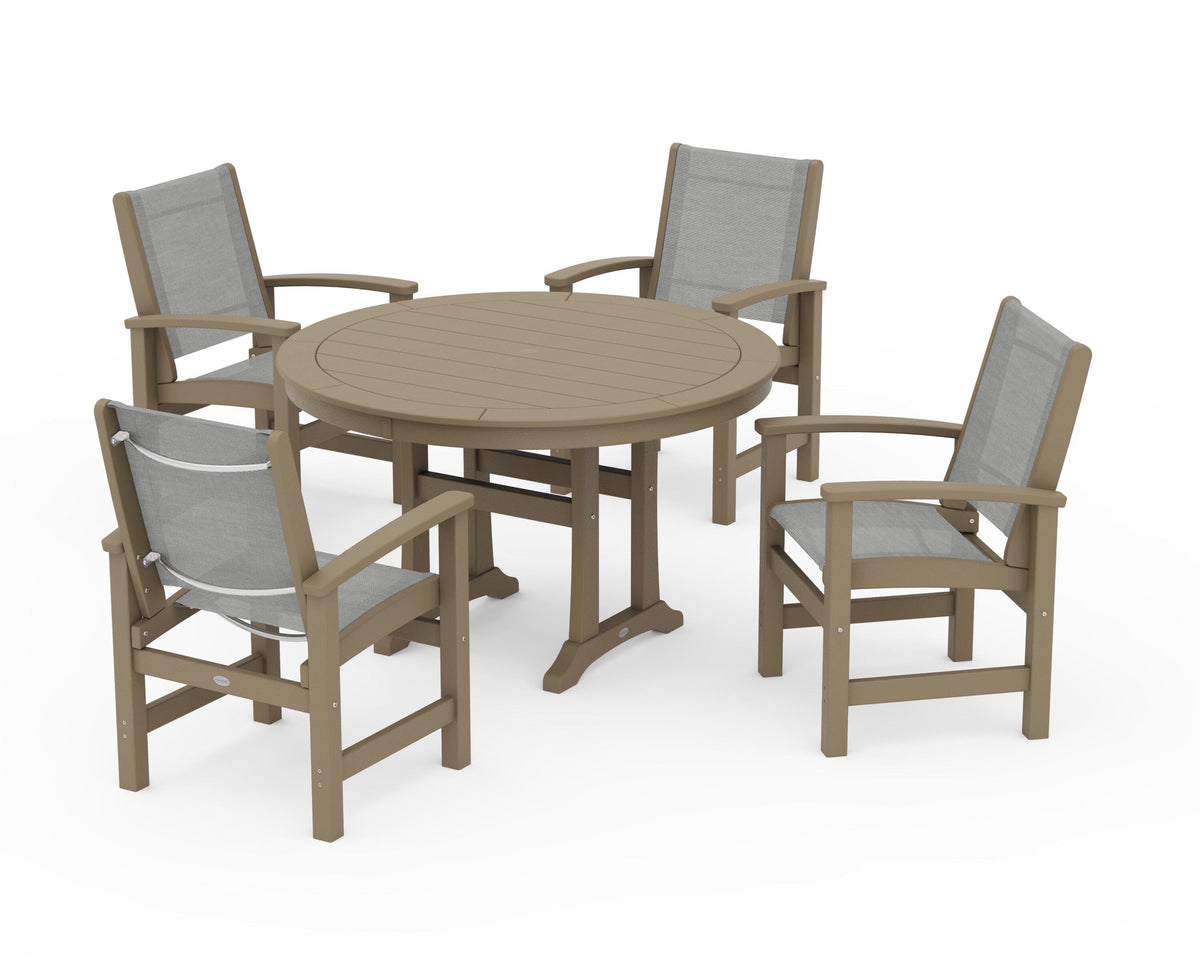 POLYWOOD Coastal 5-Piece Round Dining Set with Trestle Legs in Vintage Sahara / Metallic