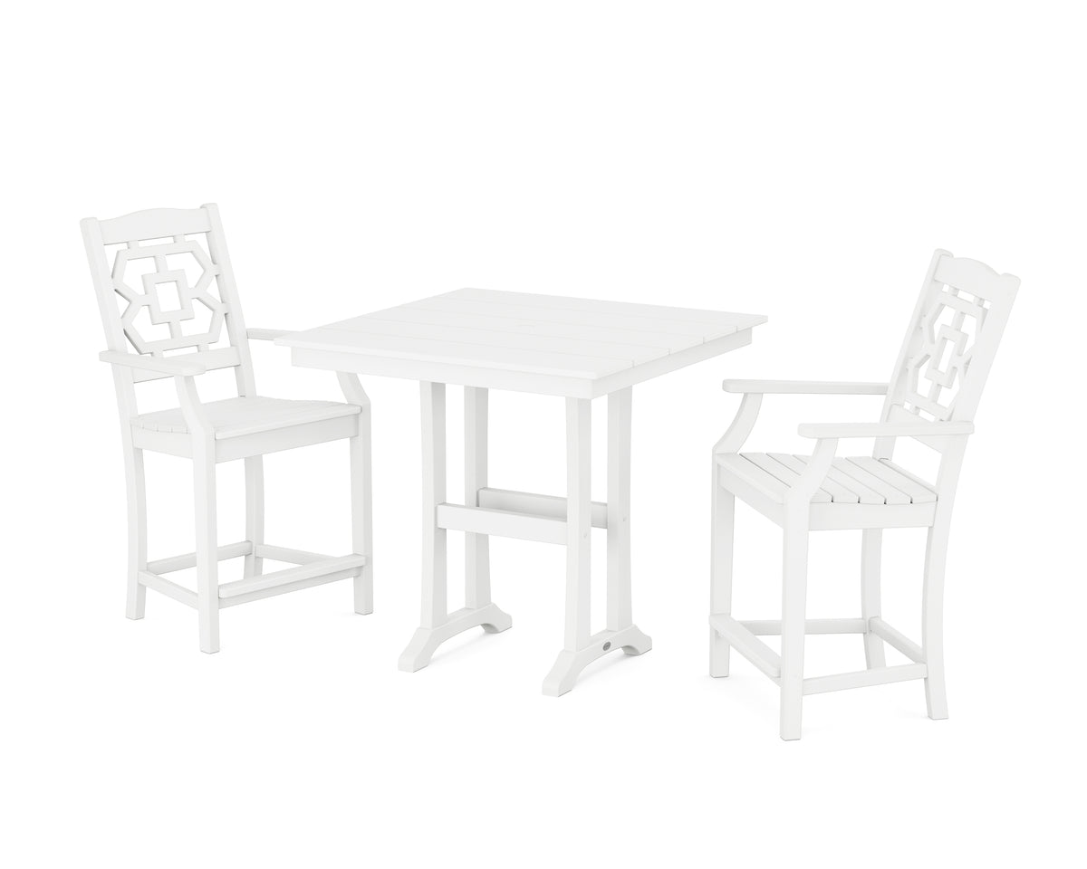 POLYWOOD Chinoiserie 3-Piece Farmhouse Counter Set with Trestle Legs in White