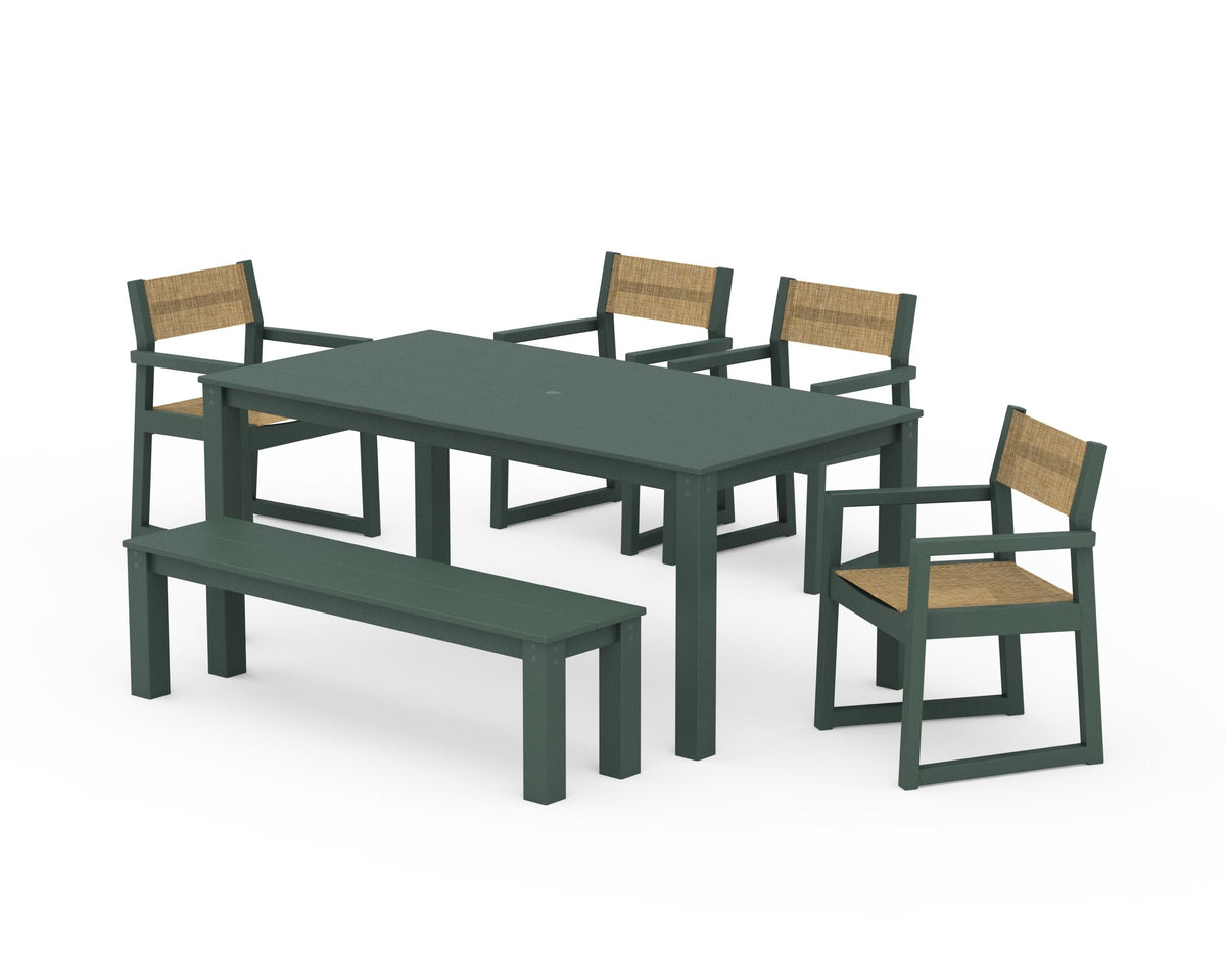 POLYWOOD EDGE Sling Arm Chair 6-Piece Parsons Dining Set with Bench in Green / Burlap