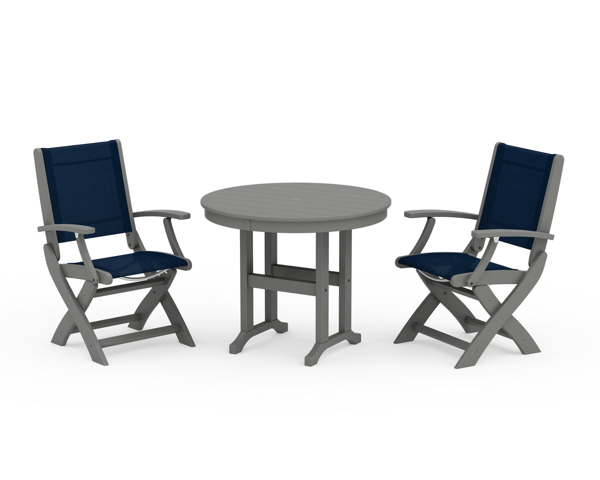 POLYWOOD Coastal Folding Chair 3-Piece Round Dining Set in Slate Grey / Navy Blue