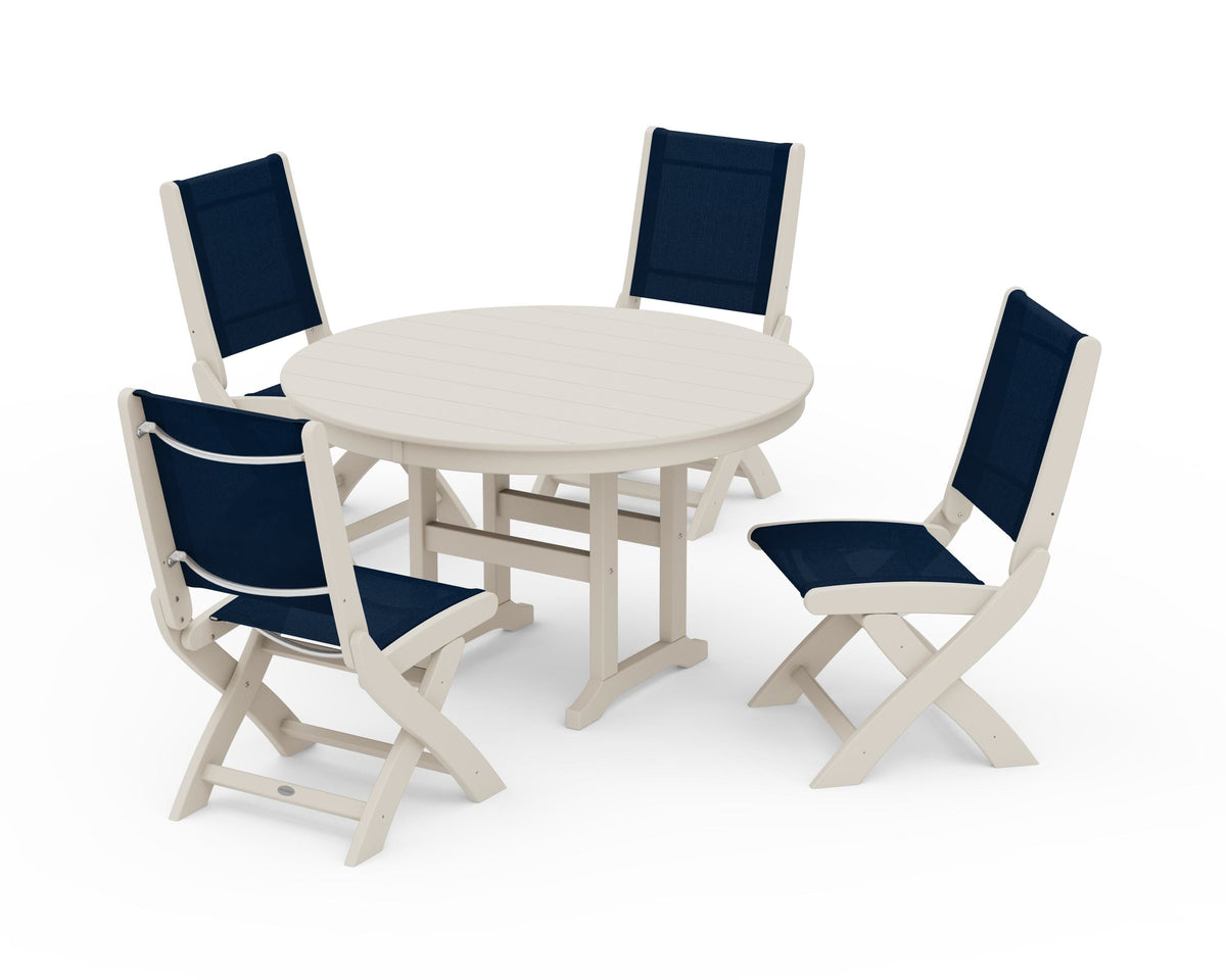 POLYWOOD Coastal Folding Side Chair 5-Piece Round Dining Set in Sand / Navy Blue