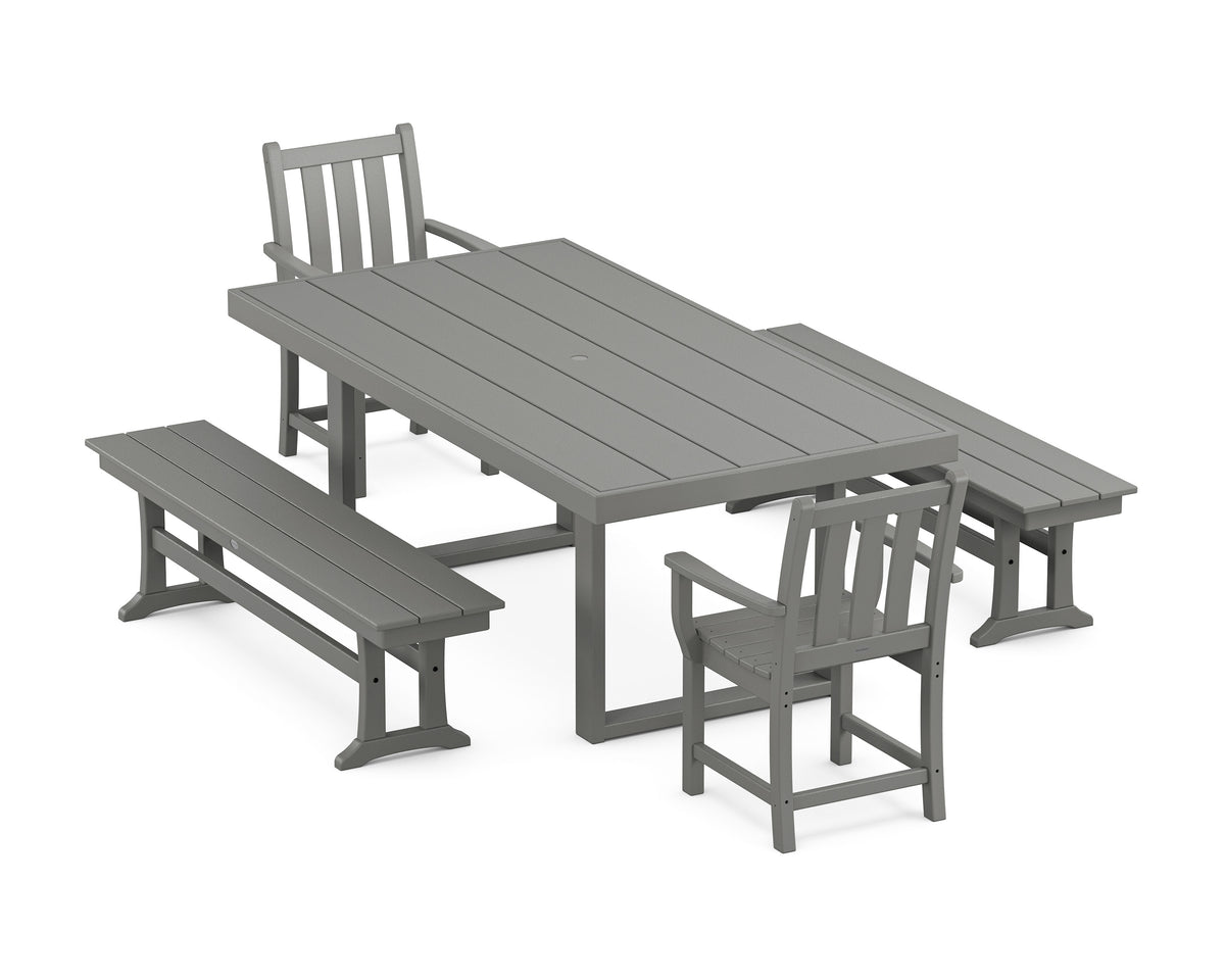 POLYWOOD Traditional Garden 5-Piece Dining Set with Benches - 39" x 78" Table in Slate Grey