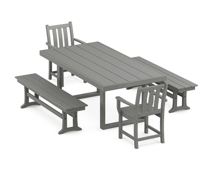 POLYWOOD Traditional Garden 5-Piece Dining Set with Benches - 39" x 78" Table in Slate Grey