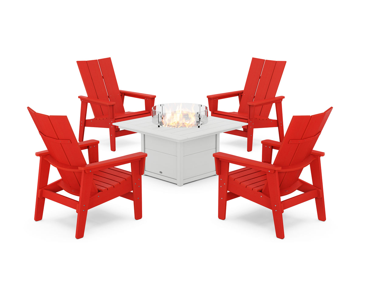POLYWOOD 5-Piece Modern Grand Upright Adirondack Conversation Set with Fire Pit Table in Sunset Red / White