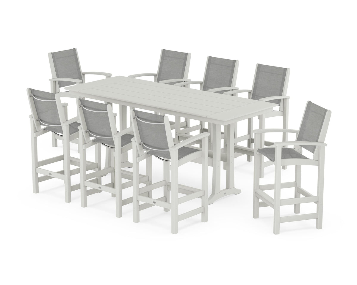 POLYWOOD Coastal 9-Piece Farmhouse Bar Set with Trestle Legs in Vintage White / Metallic