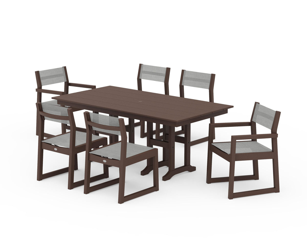POLYWOOD EDGE Sling 7-Piece Farmhouse Dining Set in Mahogany / Metallic
