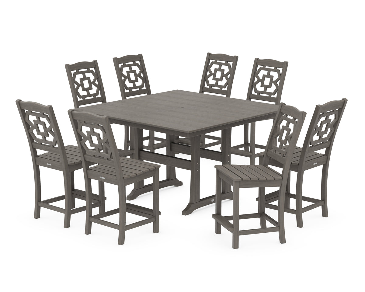 POLYWOOD Chinoiserie 9-Piece Square Farmhouse Side Chair Counter Set with Trestle Legs in Driftwood