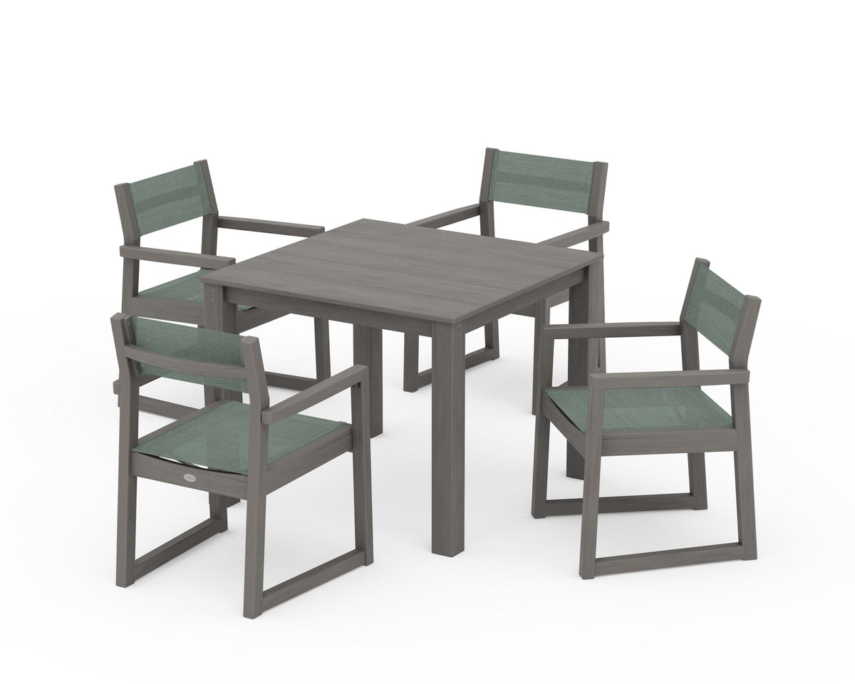 POLYWOOD EDGE Sling Arm Chair 5-Piece Parsons Dining Set in Driftwood / Dupioni Sea Mist