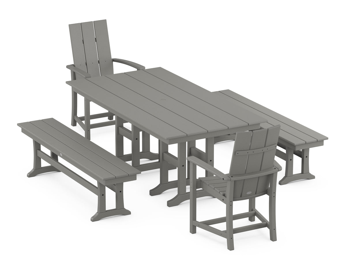 POLYWOOD Modern Adirondack 5-Piece Farmhouse Dining Set with Benches - 37" x 72" Table in Slate Grey