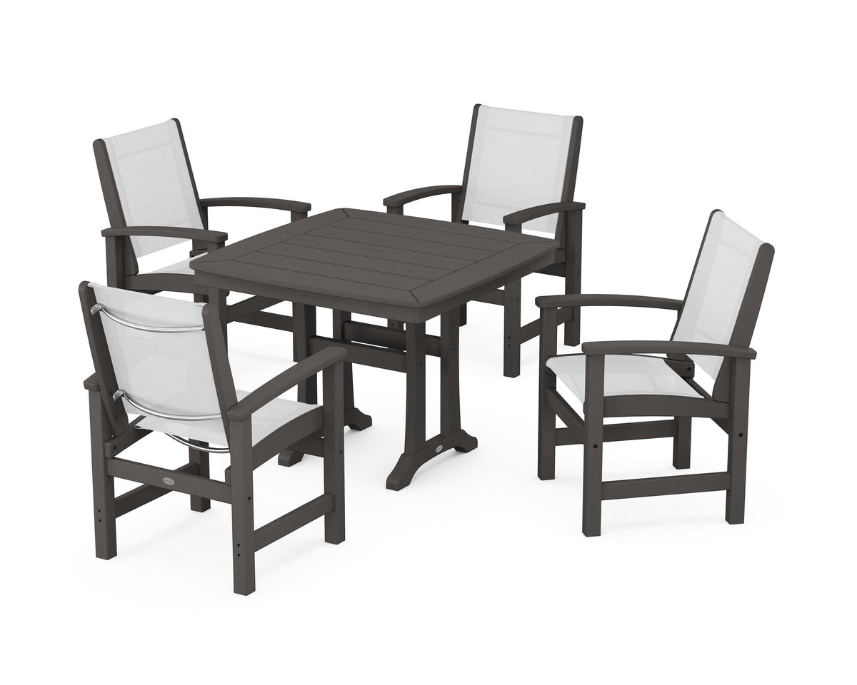 POLYWOOD Coastal 5-Piece Dining Set with Trestle Legs with Nautical Trestle 37" Dining Table in Vintage Coffee / White